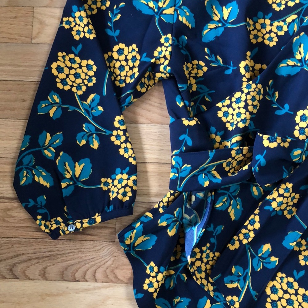J. Crew Navy Blue Floral Wrap Blouse with Yellow Flowers - Picture 4 of 8